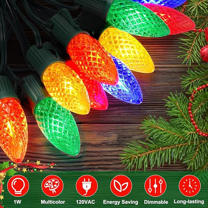 100 Packs C9 LED Replacement Christmas Light Bulbs, C9 Shatterproof LED Bulbs for Christmas Outdoor Indoor String Lights, Waterproof Dimmable Strawberry Holiday Bulbs, E17 Intermediate Base,Multicolor