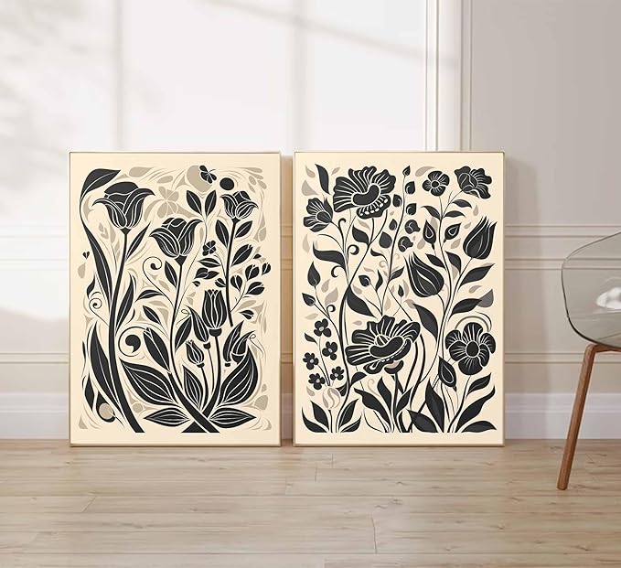 2 Pcs Boho Abstract Floral Canvas Wall Art Modern Minimalist Neutral Beige and Black Floral Botanical Wall Decor Poster Print Artwork for Living Room Bedroom Office Home Decoration Unframed