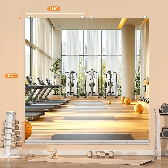 Hasipu Home Gym Mirror, 48"x24" Each, 4-Pack Frameless Wall Mounted Mirrors with Glass Clamps & Aluminum Rail, Large Body Mirror for Home Gym, Yoga Studio, Bedroom, Silver Tempered Glass