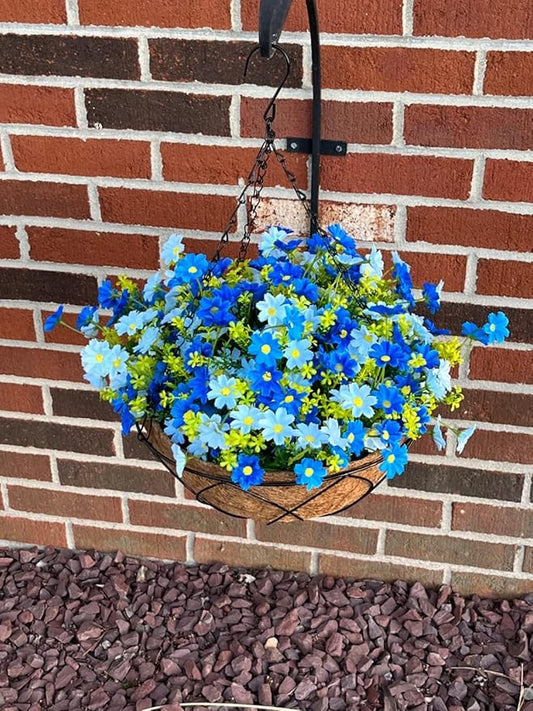Artificial Faux Hanging Plants Flowers Basket for Summer Autumn Outdoor Outside Porch Decoration, Fake Silk Colorful Daisy Eucalyptus UV Resistant Look Real for Home Patio Balcony Yard