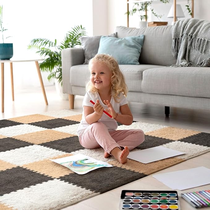36 Pcs Plush Interlocking Carpet Tiles for Toddler Baby - Non-Toxic, Machine-Washable, Anti-Slip EVA Foam Tiles - Grey, White, Light Brown