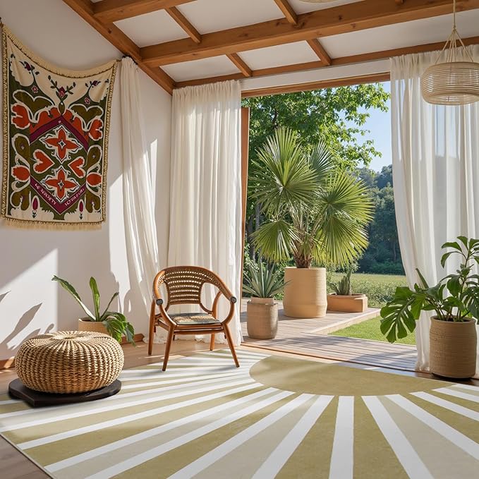 Lahome Rug for Living Room - 5x7 Area Rug Washable Non-Slip Bedroom Carpet Ultra-Thin Cute Soft Kids Nursery Rug, Boho Rainbow Sun Print Non-Shedding Indoor Rugs for Entryway Office (5'x7', Taupe)