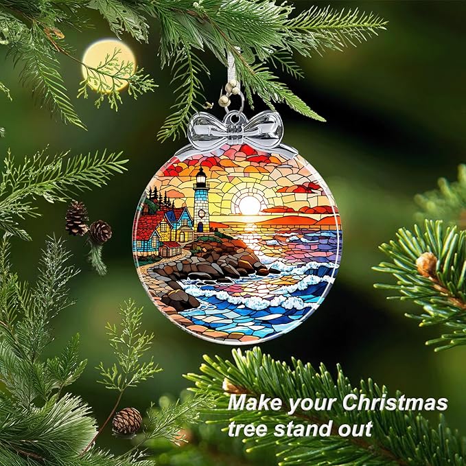 Lighthouse Stained Glass Christmas Ornament - Hanging Ornaments for Christmas Tree Decorations -Holiday Keepsake Present Exchange Idea