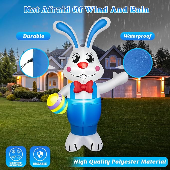 6FT Easter Inflatables Outdoor Decorations, Inflatable Bunny Holds Egg Built-in LED Lights Blow Up Inflatable Easter Outdoor Decorations for Holiday Party Indoor Outdoor Garden Lawn Yard Decor