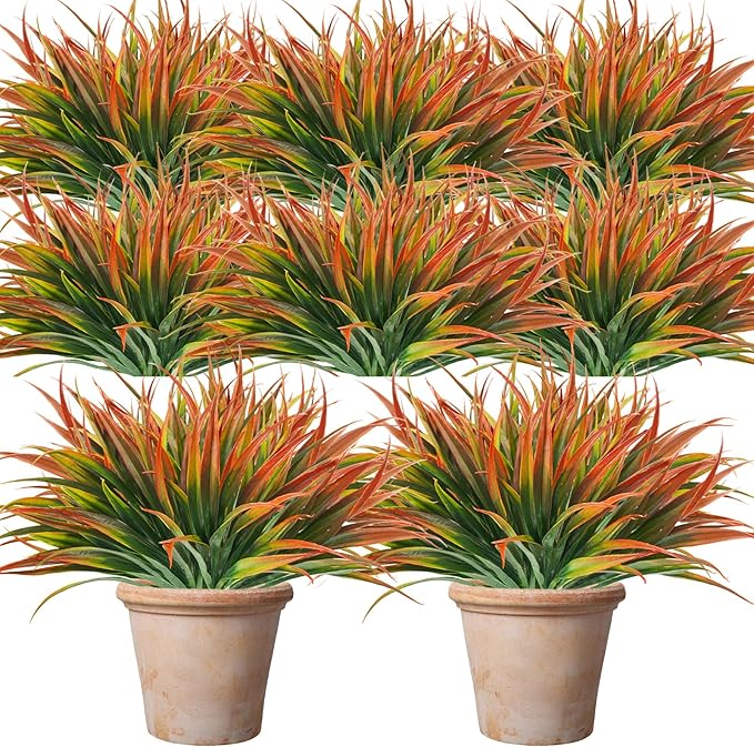Artificial Fake Grass,24 PCS Outdoor Faux Grasses Plastic Plants Greenery UV Resistant for Outside Home Windowbox Garden Office Patio Hanging Planter Front Porch Fall Décor (Red)