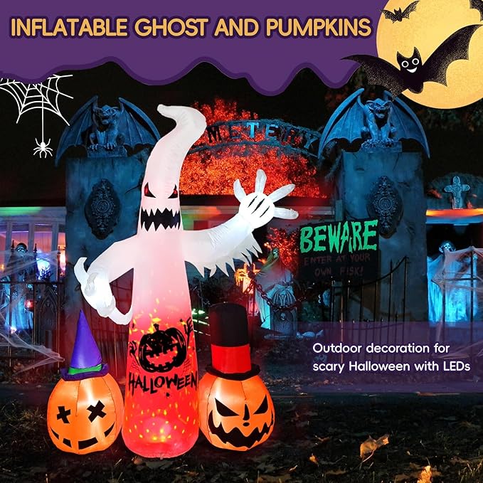 8 Ft Halloween Decoration Outdoor Inflatables, Ghost Ghost and 2 Pumpkin with Built-in LED, Halloween Blow Up Yard Decorations Light, Inflatables Decor for Garden Lawn Party Outside
