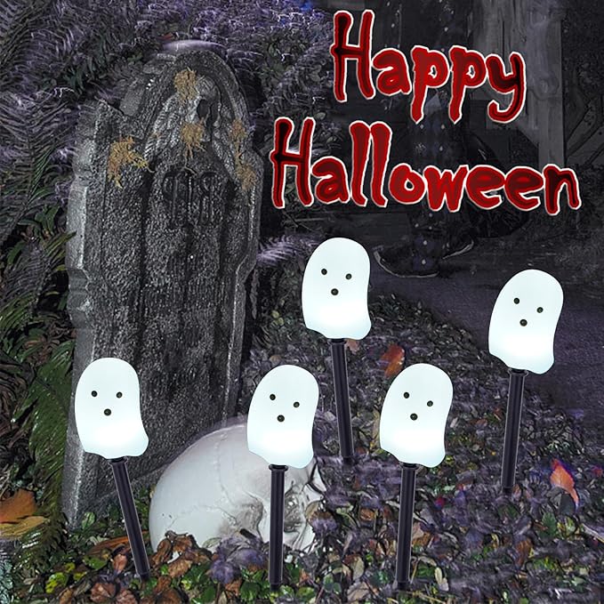 BRIGHTDECK Solar Halloween Ghost Pathway Lights, 5 Pack Ghost Stake Lights, Durable Waterproof Outdoor Halloween Decoration for Garden, Patio, Walkway, and Yard (5Pcs Ghost)