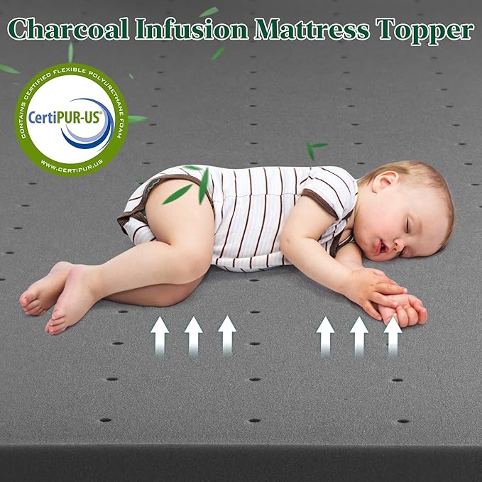 Twin Mattress Topper-Extra Firm 3 Inch High Density Foam Bed Topper with Ventilated Design for Extra Weight, Back Pain Relief-Charcoal Infusion,CertiPUR-US