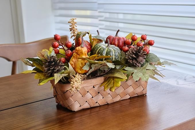 Fall Decor - Faux Pumpkins, Pine Cones, Berries and Maple Leaves in Rectangular Woven Basket for Table Centerpiece, Shelf, Mantel - Autumn Thanksgiving Arrangement for Home Indoor Outdoor - 14" Long