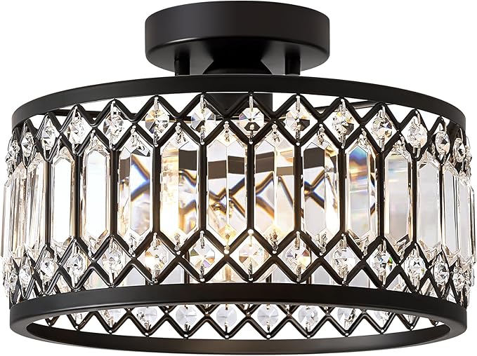 Crystal Ceiling Light Fixture, Modern Semi Flush Mount Ceiling Light, Black Lighting Fixtures Lamp for Hallway, Kitchen, Entryway, Bedroom, Laundry Room, 1-Light, 11.4 Inch