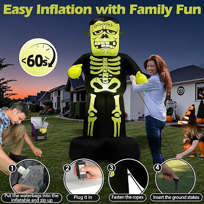 Halloween Blow Up Yard Decorations Inflatables Outdoor Skeleton Frankenstein, 7FT Tall Giant Outside Blowups Scary Cute Funny Spooky Inflated Lawn Decor for Entrance Indoor Trick or Treat Blow-up