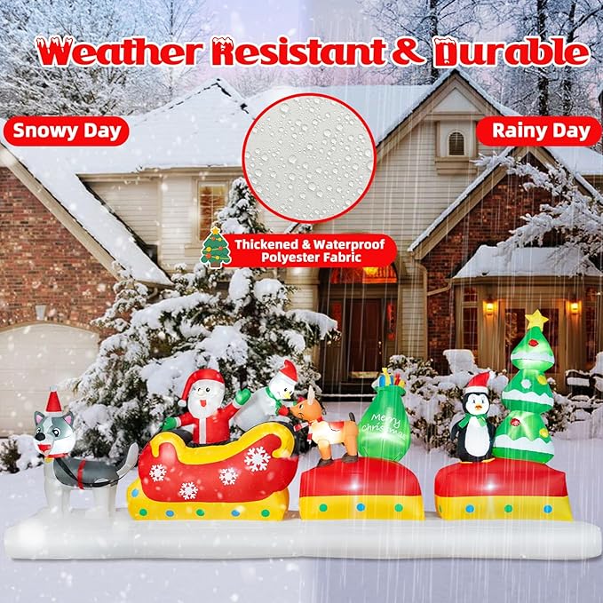 B&D 12FT Long Christmas Inflatables Outdoor Decorations, Inflatable Santa Claus on Dog Sled with Snowman, Penguin, Reindeer Blow up Christmas Decorations Built-in LEDs for Xmas Garden Yard Lawn Roof