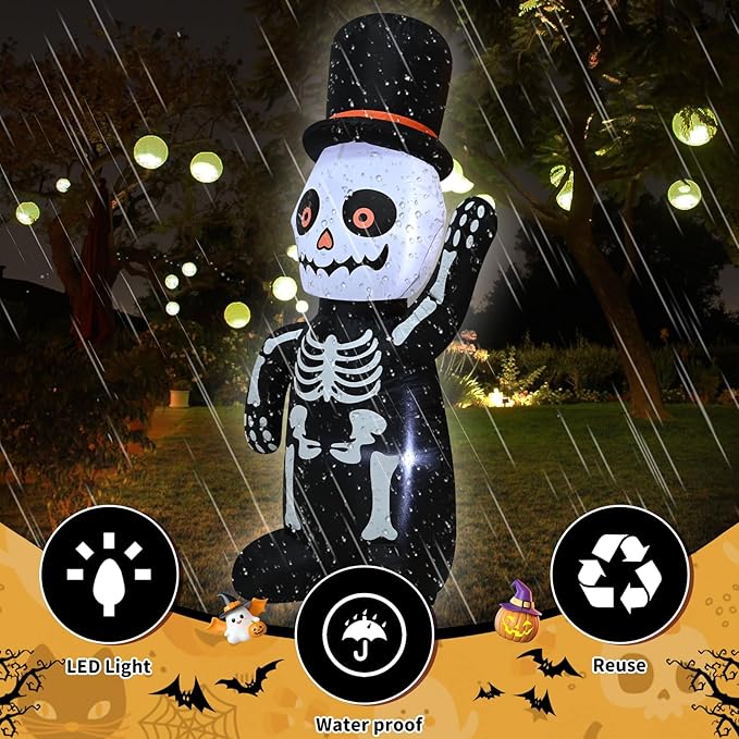 TRMESIA 4FT Halloween Inflatable Skeleton Decoration with Lights, Blow up Skull for Outdoor Yard Garden Decorations on Halloween 24HLW-03-03