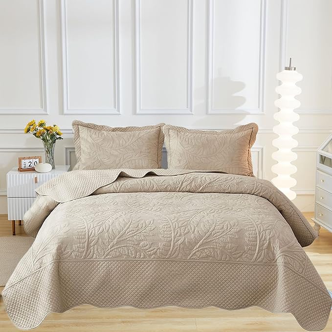 MarCielo 3-Piece 100% Cotton Oversized Bedspread Lightweight Quilt Coverlet Embroidery Farmhouse Bedding Set T0 (Yellowish Beige, Oversized King (118"x106"))