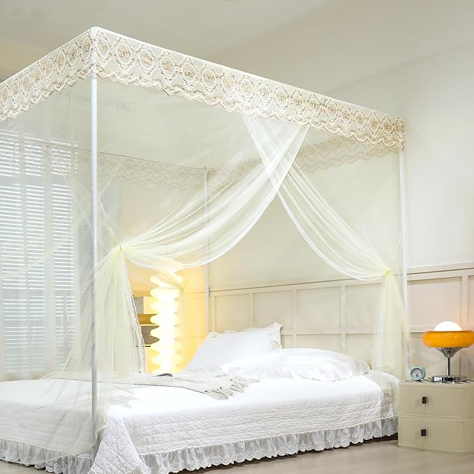 Bed Canopy, Princess Bed Curtain Net for Girls & Adults,Three-Doors Rectangle Lace Dome Netting (Yellow, King)