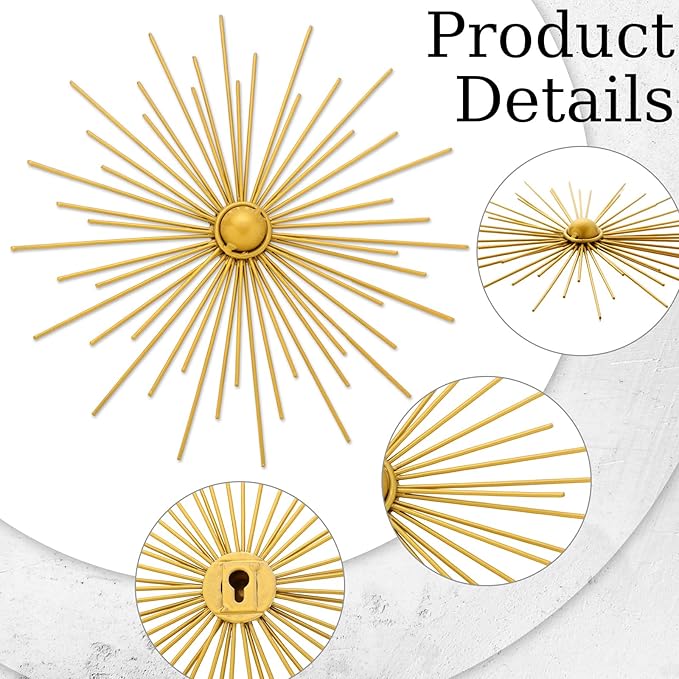 Barydat 6 Pcs Gold Sunburst Wall Decor Metal Bling Starbursts Wall Art for Living Room Mid Century Modern Decor Hanging Accents for Living Room Bedroom Entryway