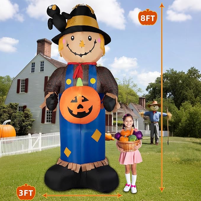 8FT Fall Inflatables Scarecrow Decorations, Giant Scarecrow with Pumpkin Inflatable Yard Decor Built-in LEDs, Scarecrow Blow Up Yard Decorations for Halloween Fall Autumn Harvest Lawn Garden