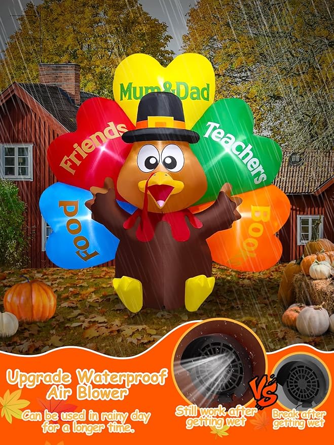 Kalolary 8FT Thanksgiving Inflatables Decorations,Giant Turkey Inflatables with Pilgrim Hat &Colorful Tail Fall Blow Up Yard Decorations with Build-in Lights for Garden Lawn Outdoor Thanksgiving Decor