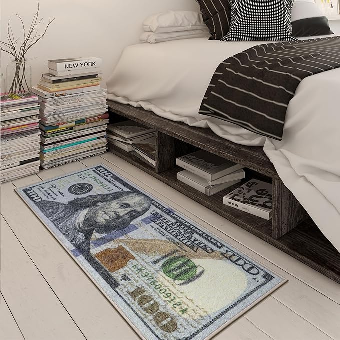 Machine Washable $100 Bill Design Cotton 22x53 Flatweave Runner Rug for Laundry Room, Bedroom, 22" x 53", Multicolor