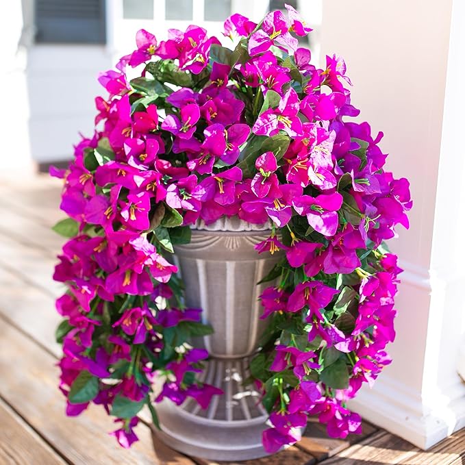 Artificial Faux Bougainvillea Flowers Plants for Outdoor Outside Summer Decoration, 2 pcs Fake Silk UV Resistant Look Real Long Trailing Vines for Front Door Porch Planter Urn Patio Balcony, Purple