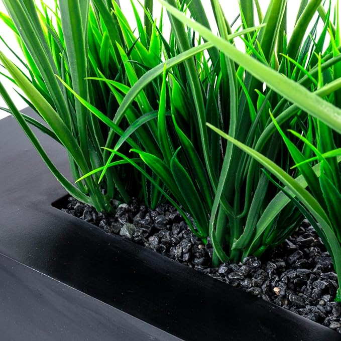 MyGift Large Artificial Green Grass Plants Potted in 14-Inch Matte Black Wood Decorative Planter, Tabletop Faux Greenery in Wooden Rectangular Pot Centerpiece Décor