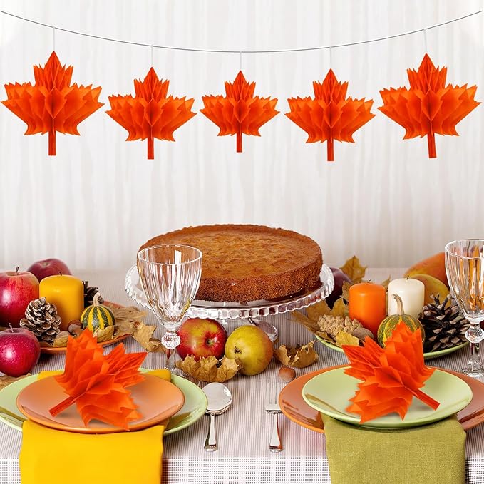 15Pcs Maple Leaf Honeycomb Decorations, Fall Thanksgiving Paper Honeycomb Hanging Ornaments for Autumn Party Favor Supplies Home Decor