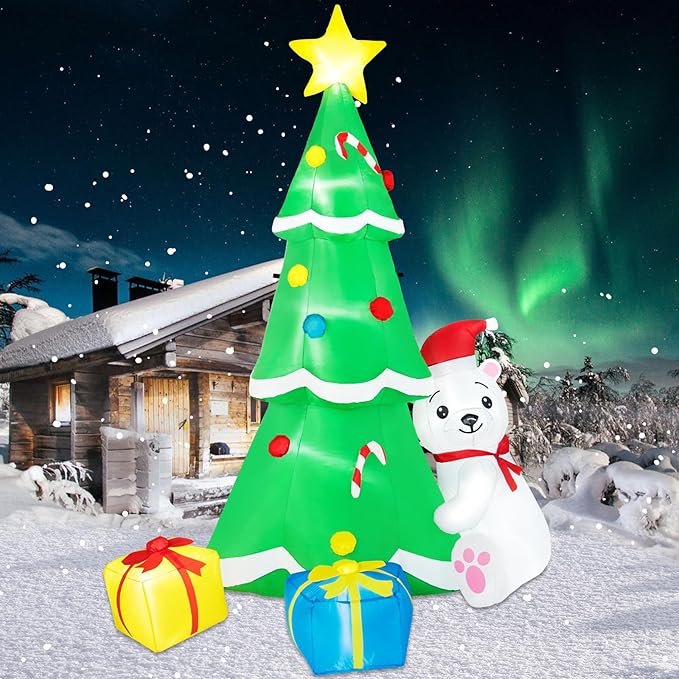8FT Inflatable Tree Christmas Decorations Outdoor, Christmas Inflatables Polar Bear Holding Christmas Tree Built-in LEDs Blow Up Yard Decorations for Christmas Decor Garden Lawn Holiday Party