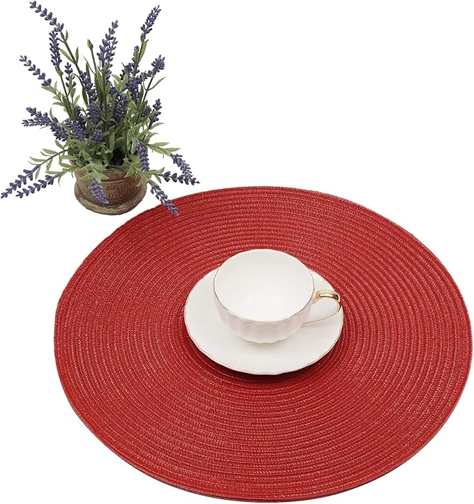 SHACOS Round Placemats Set of 6 Woven Braided Polyester 15 inch Circle Placemat for Dining Tables Kitchen Table Mats Washable for Christmas Home Wedding Party Table Decor (Red, 6)