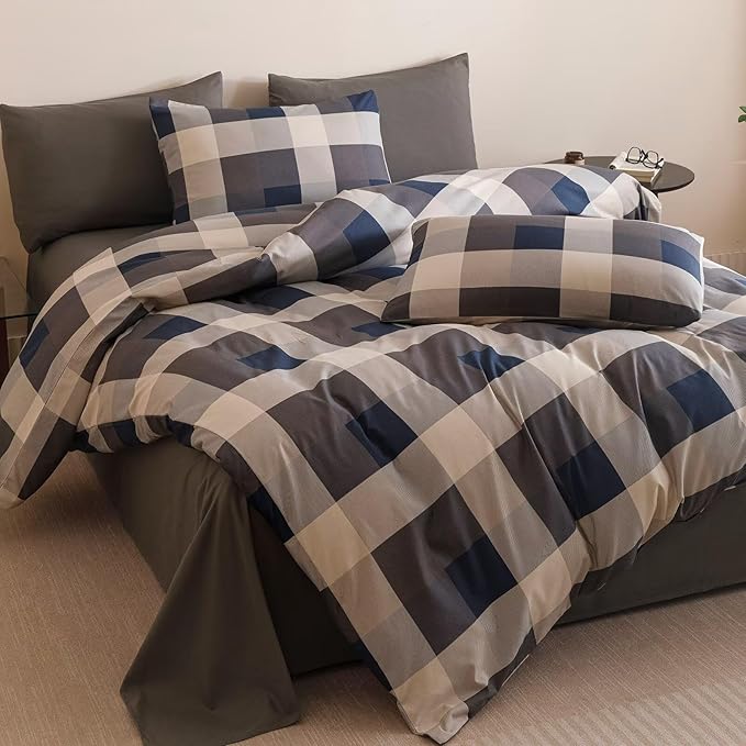 Cottonight Checkered Navy Comforter Set King Men Gingham Grid Bedding Set Navy and Khaki Grid Comforter Fluffy Soft Blanket Quilts Modern Cottagecore Comforter with 2 Pillowcases for King Bed
