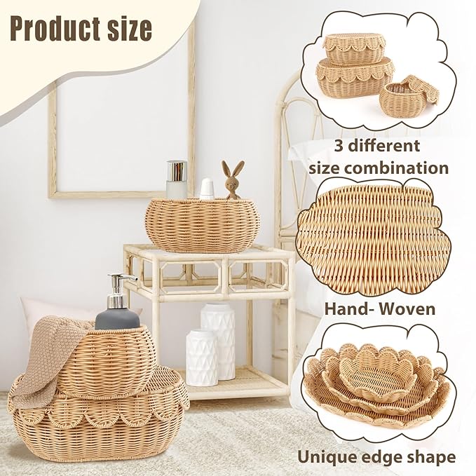 3 Pcs Scalloped Basket With Lid, Hand Woven Plastic Wicker Basket Set, 16 x 12 x 6 In Decorative Scalloped Edge Basket for Storage Food, Clothes, Toys, Picnic Table Bathroom Decor (S+M+L)