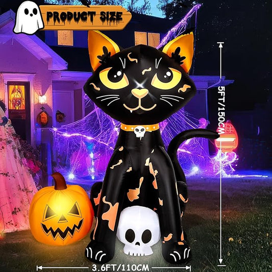 CAMULAND 5FT Halloween Decorations Outdoor,Halloween Inflatable Blow Up Black Cat and Pumpkin Decor with Built-in LED Lights Trick or Treat for Indoor Lawns Yards Party Home
