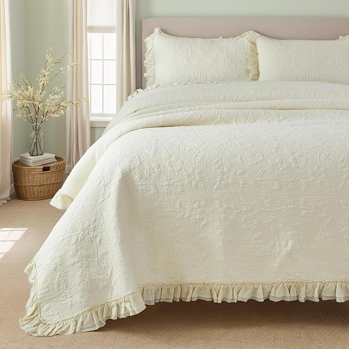 Brandream Cream Yellow White Quilt Set Queen Size Cotton Matelasse Bedding Luxury Ruffle Bedspread 3-Piece
