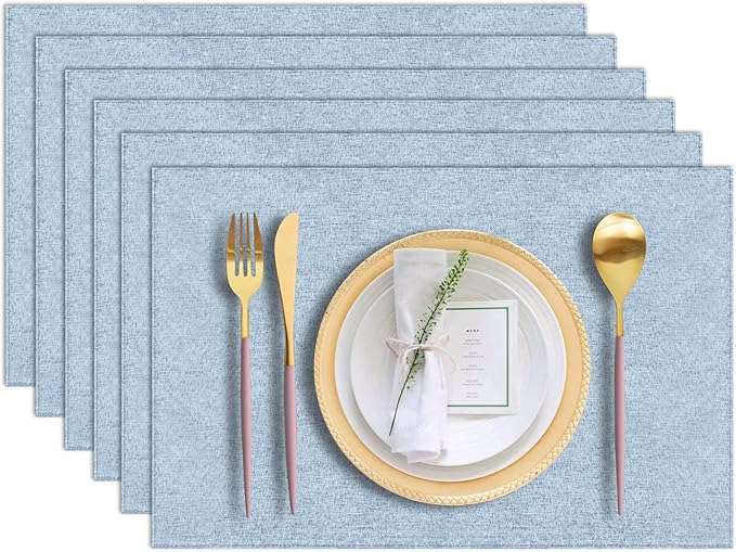 Cloth Placemats Set of 6, Cotton Linen Blend Machine Washable Durable Linen Table Mats, Heat Resistant Placemats Wrinkle Free Place Mats for Dining Table, Easy to Clean (Light Blue, 6)