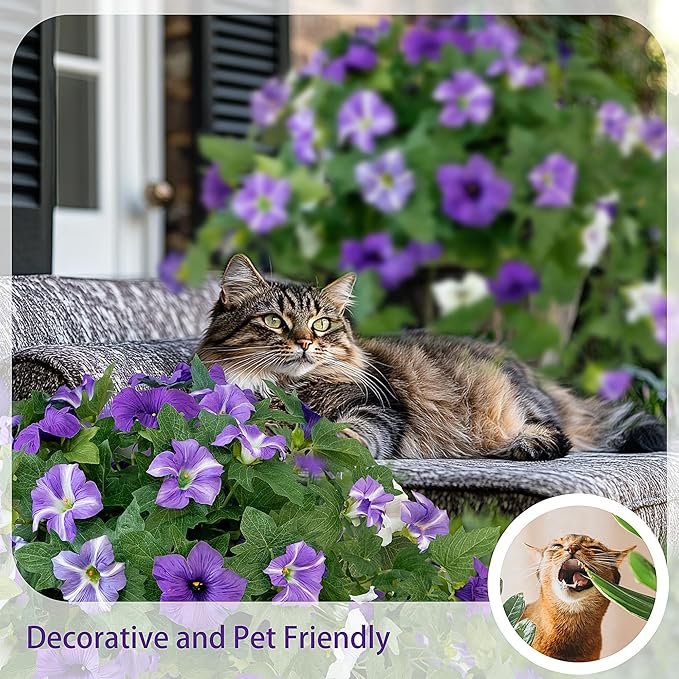 Artificial Flowers for Outdoors, 2PCS Realistic Fake Silk Petunias UV Resistant No Fade Spring Floral, Faux Flowers for Outdoor Garden Windowsill Patio Porch Home Decor, Purple White