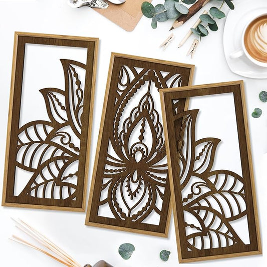 HPNIUB 3PCS Lotus Flower Wall Decor, Mandala Carved Wood Sign for Yoga Room, Spiritual Meditation Wooden Hanging Plaque Home Decor for Living Room Office Bathroom Decoration(8x16Inch)
