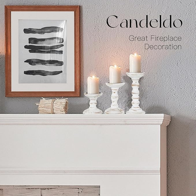 Wood Candle Holders for Pillar: Rustic Candles Holder Set of 3 Tall Table Centerpiece Decor Wooden White Farmhouse Decorations for Fireplace Mantle
