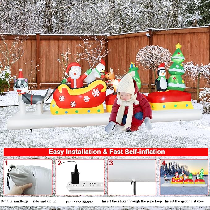 B&D 12FT Long Christmas Inflatables Outdoor Decorations, Inflatable Santa Claus on Dog Sled with Snowman, Penguin, Reindeer Blow up Christmas Decorations Built-in LEDs for Xmas Garden Yard Lawn Roof