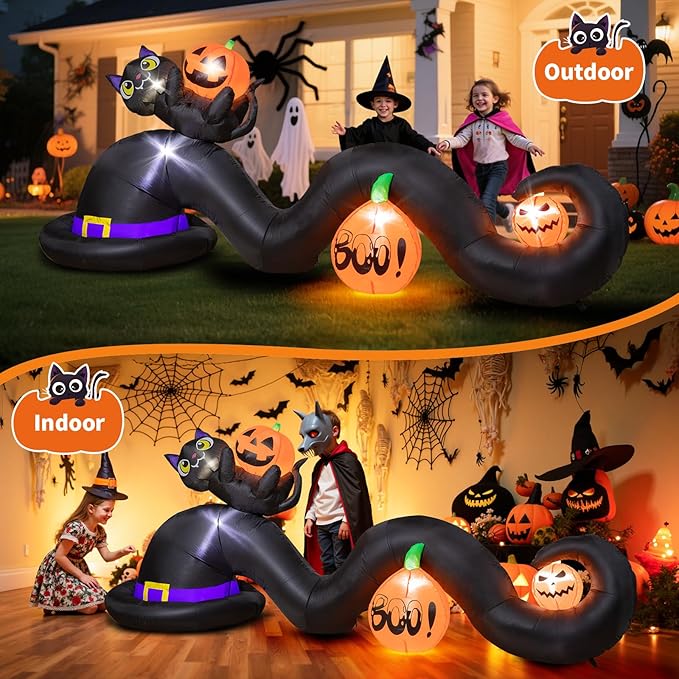 Dawdix 9FT Long Halloween Inflatables Witch Hat with Black Cat and Pumpkins, Large Lighted Blow Up Decoration for Yard, Halloween Outdoor Inflatable for Party Garden Patio Lawn Decor