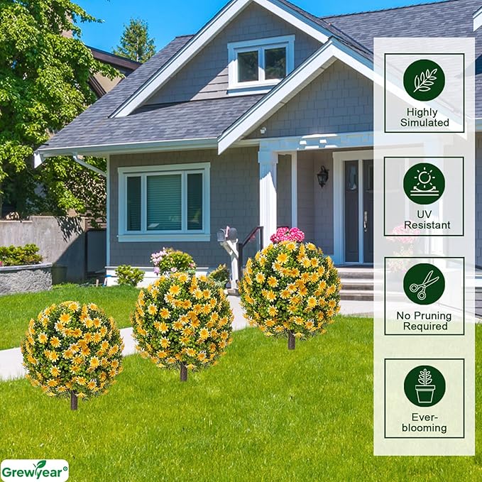 Artificial Topiary Ball Trees with Spike Set of 2, Fall Faux Boxwood Plants for Outdoor Planters, UV Resistant Artificial Outdoor Shrubs, Fake Bushes for Porch, Garden, Patio Decor
