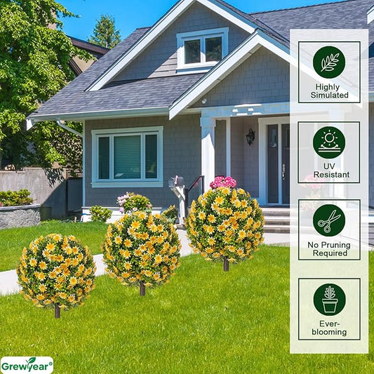 Artificial Topiary Ball Trees with Spike Set of 2, Fall Faux Boxwood Plants for Outdoor Planters, UV Resistant Artificial Outdoor Shrubs, Fake Bushes for Porch, Garden, Patio Decor