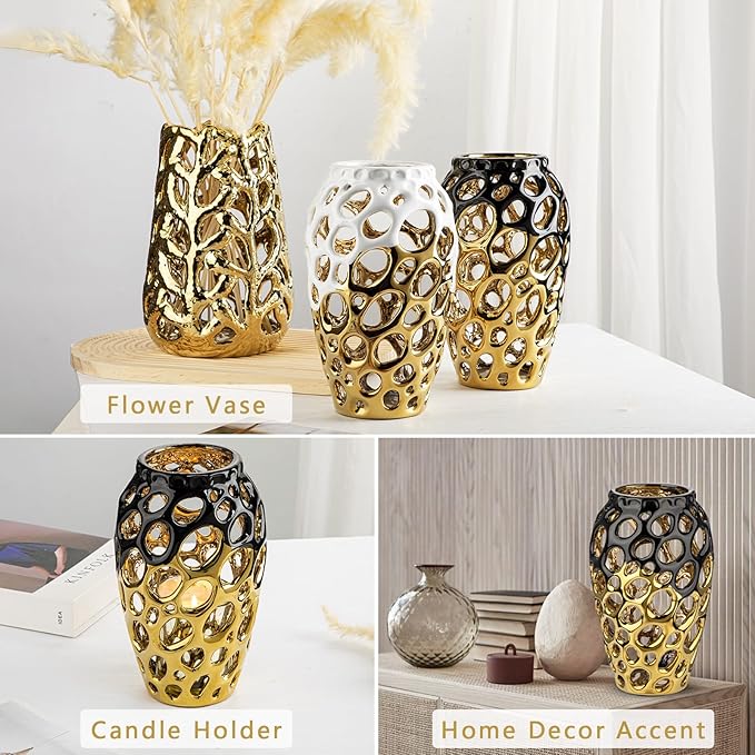 Black and Gold Vases for Centerpieces, Openwork Ceramic Flower Vase 8.7" Hollowed Decorative Pampas Grass Vase Gold Table Decor for Home Living Room Dinner Room Bedroom Office Wedding