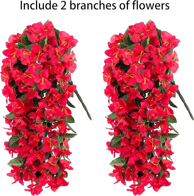 Artificial Faux Bougainvillea Flowers Plants for Outdoor Outside Summer Decoration, 2 PCS Fake Silk UV Resistant Look Real Long Trailing Vines for Front Door Porch Planter Urn Patio Balcony, Red