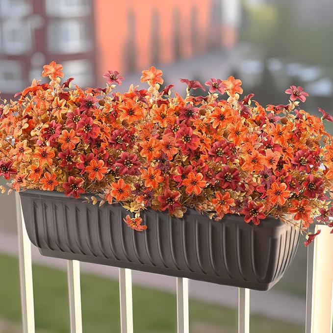 Artificial Mums Fake Fall Flowers for Outdoors Decoration, 12 Bundles Realistic Autumn Silk Daisy Faux Plants UV Resistant Decor for Home Garden Porch Patio Yard Balcony Window (Orange Brown)