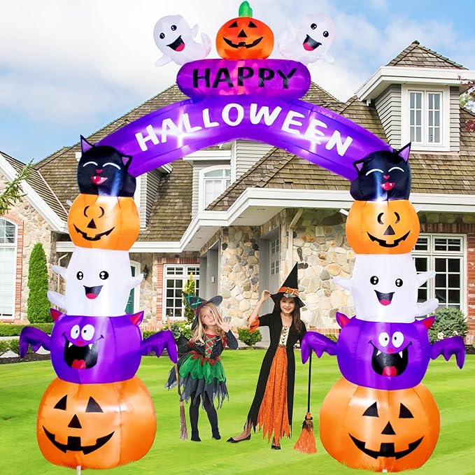 8FT Halloween Stacked Pumpkin Arch Inflatable Decoration Pumpkin Archway Blow up Inflatable Decorationswith LED Lights Indoor Outdoor Yard Garden Holiday Display for Halloween Party