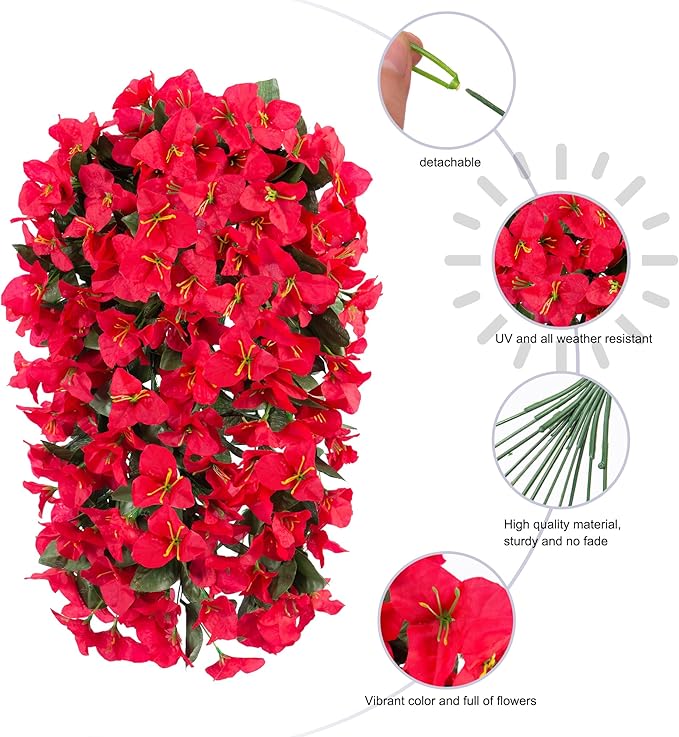 Artificial Faux Bougainvillea Flowers Plants for Outdoor Outside Summer Decoration, 2 PCS Fake Silk UV Resistant Look Real Long Trailing Vines for Front Door Porch Planter Urn Patio Balcony, Red