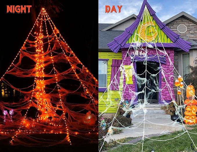 Halloween Spider Web Lights Decoration 250LED Light up Spider Webs Halloween Decorations Outdoor with 59" Large Spider & 3.53oz Stretch Cobweb 16.4Ft Giant Web with 8 Modes, Orange
