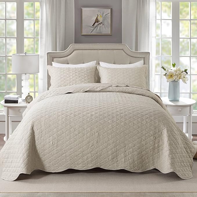 HoneiLife Queen Quilt Bedding Set - 3 Piece Washed Microfiber Quilt Sets Lightweight Bedspreads Ultra Soft Coverlets Retro Bed Cover Crinkled Bedding Set All Season Quilts-Sandy