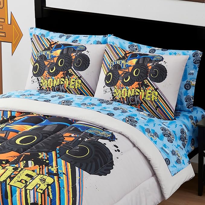 Kids Bedding Set Bed in a Bag for Boys and Girls Toddlers Printed Sheet Set and Comforter, Full, Monster Truck