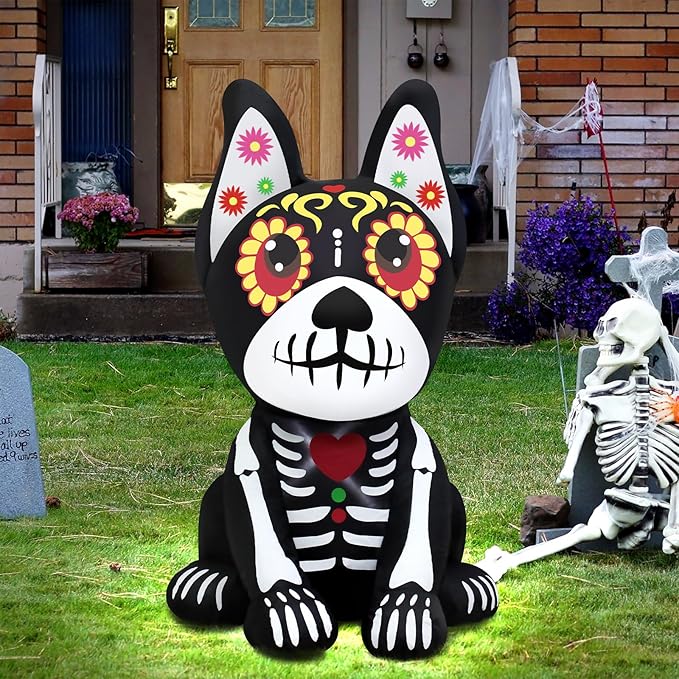 4FT Halloween Inflatables Dia de Los Muertos Dog Outdoor Decorations Blow Up Yard Colorful Skull Dog with Built-in LEDs for Indoor Party Garden Lawn Decor