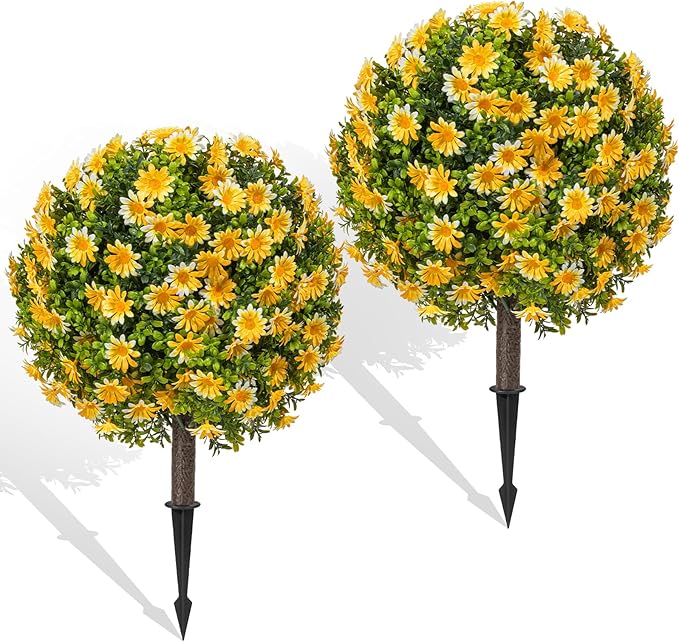 Artificial Topiary Ball Trees with Spike Set of 2, Fall Faux Boxwood Plants for Outdoor Planters, UV Resistant Artificial Outdoor Shrubs, Fake Bushes for Porch, Garden, Patio Decor